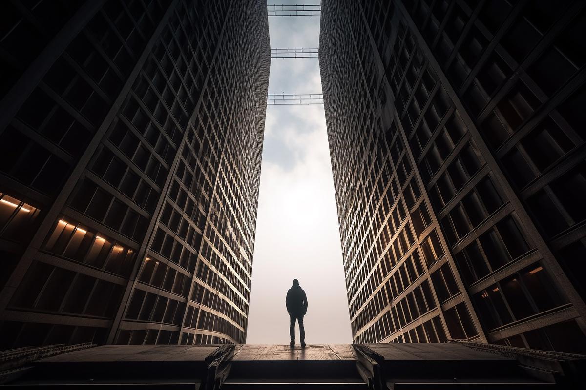 Standing between two towers, the next door open, the transition stage