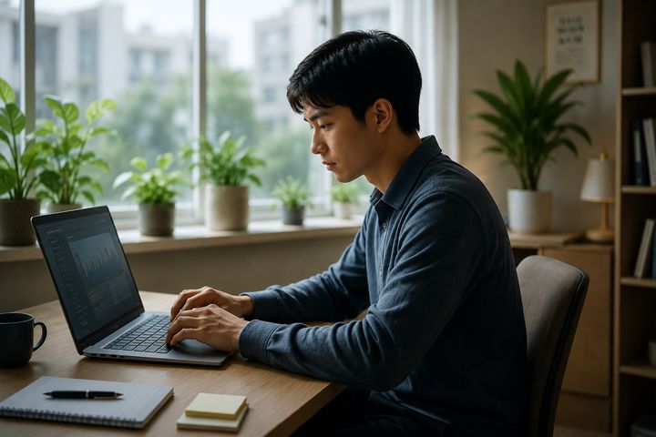 A student working on a laptop, building their online presence